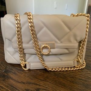 Quilted taupe calfskin leather purse with adjustable gold chain- timeless!